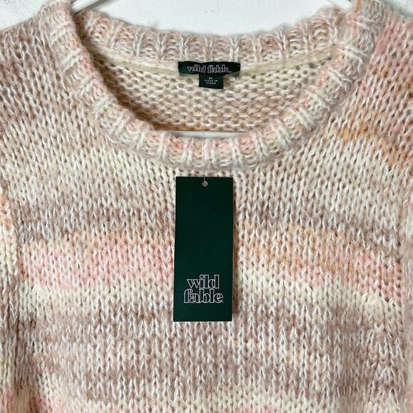 Wild Fable Women's Cropped Fuzzy Sweater M Peach Striped Crew Neck Puff Sleeve - Picture 5 of 9